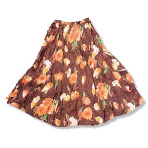Salaam Brown and Orange Flowy Floral Print A-line Midi Skirt OSFM